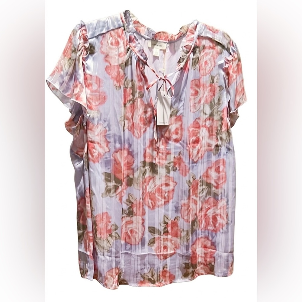 TAMARA H. Pleated Floral Blouse Lavender/Coral 1X Tie Neck NWT